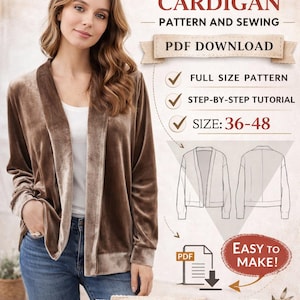Womens Cardigan PDF Pattern/Size: 36-48/ Digital/ Easy sew/ Step by step/ Pattern Women Sewing Pattern/ Women's Drop Shoulder