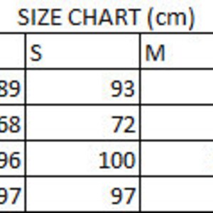 May include: Size chart in centimeters for clothing, showing measurements for chest, waist, hip, and length in sizes XXS through XXL.