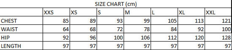 May include: Size chart in centimeters for clothing, showing measurements for chest, waist, hip, and length in sizes XXS through XXL.