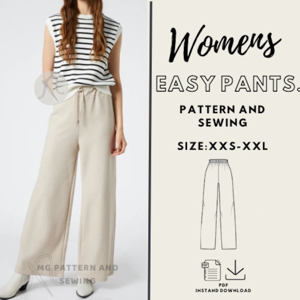 Pantalones fáciles para mujer. Patrón PDF/Digital/ Tamaño: XXS-XXL/ Paso a paso/ Principiante/ Patrón de costura pantalones anchos/ Descarga instantánea/ A4-Letter