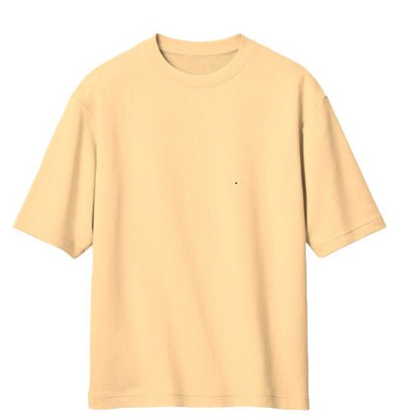 May include: A plain, light yellow short-sleeved t-shirt.