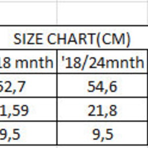 May include: Size chart in centimetres for children's clothing. The chart shows waist, outseam, and inseam measurements for sizes 6-12 months, 12-18 months, 18-24 months, 2 years, 3 years, and 4 years.
