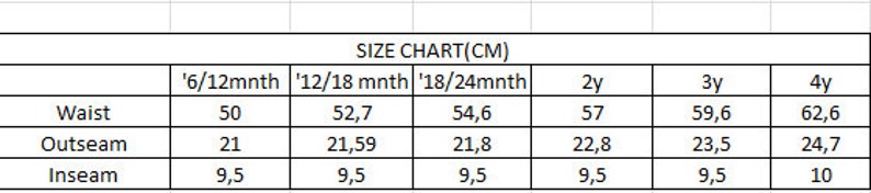 May include: Size chart in centimetres for children's clothing. The chart shows waist, outseam, and inseam measurements for sizes 6-12 months, 12-18 months, 18-24 months, 2 years, 3 years, and 4 years.