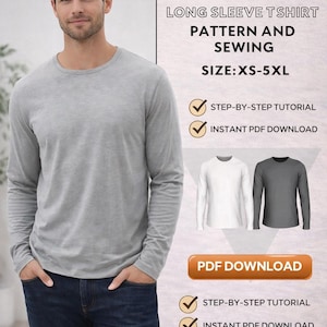 Patrón de costura de camiseta fácil para principiantes en tallas XS-5XL, patrón básico de costura de manga larga para hombre en PDF, descarga instantánea/costura paso a paso