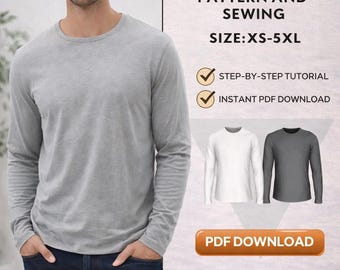 Einfaches T-shirt Schnittmuster für Anfänger in den Grössen XS-5XL, Basic Long Sleeve Men Sewing Pattern, PDF zum sofortigen Herunterladen und Nähen Schritt für Schritt