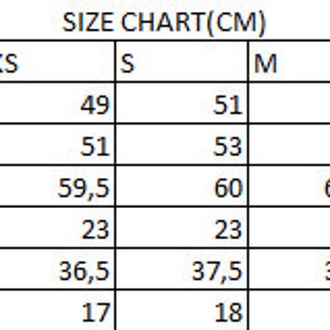 May include: Size chart in centimeters for clothing, showing measurements for waist, chest, shoulder to length, sleeves length, sleeves hem, and shoulder. Sizes range from XXS to XXL.