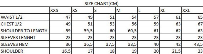 May include: Size chart in centimeters for clothing, showing measurements for waist, chest, shoulder to length, sleeves length, sleeves hem, and shoulder. Sizes range from XXS to XXL.