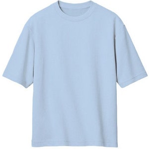 May include: A light blue short-sleeved t-shirt.