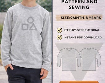 Kids Long Sleeve T shırt PDF Pattern/ Digital / Size:9Mnth-8years/ Beginner/ Easy Sewing Pattern/ Step by step/ Baby tshirt pdf pattern