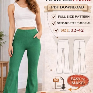 Wijd uitlopende pijpen dames. PDF PATROON /Maat 32-42/ Stap voor stap /Eenvoudig naaien/ Friednly/ Uitlopende zomerbroek/Uitlopende pijpen broekpatroon/beginner