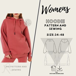 Wzór do szycia bluzy z kapturem dla kobiet, cyfrowy wzór do szycia - przyjazny dla początkujących - rozmiar: 34-48 / podstawowy sweter - natychmiastowe pobranie / Wzór do szycia bluzy z kapturem w formacie PDF