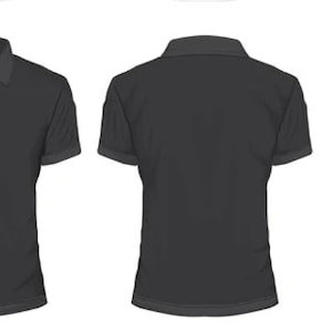 May include: A charcoal gray polo shirt with a classic collar and short sleeves. The shirt features a three-button placket and a tailored fit, displayed from multiple angles to showcase its design.