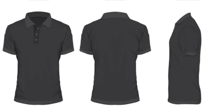 May include: A charcoal gray polo shirt with a classic collar and short sleeves. The shirt features a three-button placket and a tailored fit, displayed from multiple angles to showcase its design.