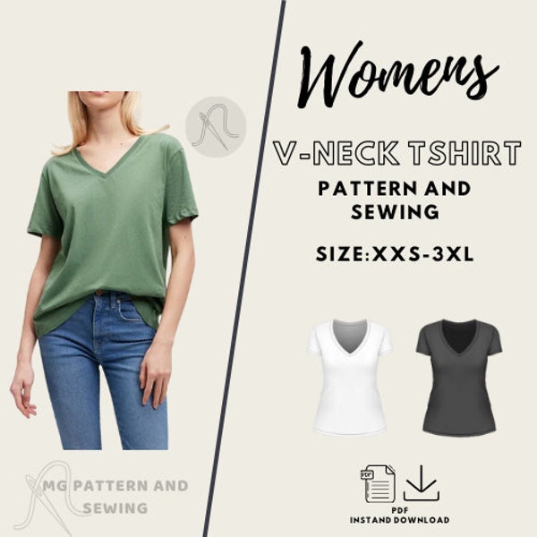 Women's V-Neck T- Shirt PDF Pattern/ Size; XXS-3XL/ Step-by-Step/ Digital/ Beginner /PDF Pattern/ Easy Digital Pattern/Sewing Pattern