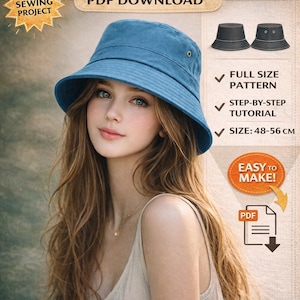 Unisex Bucket Hat Schnittmuster / Extra einfach bebilderte Schritt für Schritt Anleitung / Anleitungsblatt und Schnittmuster / Sommerhut