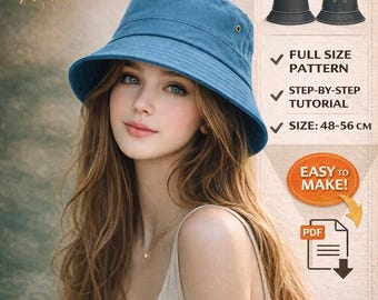 Molde para chapéu bucket unissex / Instruções passo a passo ilustradas super fáceis / Folha de instruções e molde de costura / Chapéu de verão