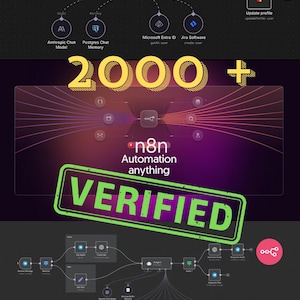 May include: Diagram illustrating an AI Agent workflow with various components, including user form submission, chat models, and integrations. The image features the text "2000+", "n8n Automation anything VERIFIED", and "AI AGENT AUTOMATES EVERYTHING!"