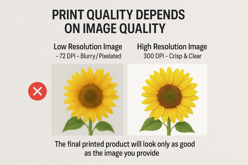 Pu&ograve; includere: Un grafico informativo intitolato PRINT QUALITY DEPENDS ON IMAGE QUALITY. Confronta un'immagine sfocata di girasole a 72 DPI contrassegnata da una X rossa con un'immagine nitida a 300 DPI. Il testo recita: The final printed product will look only as good as the image you provide.