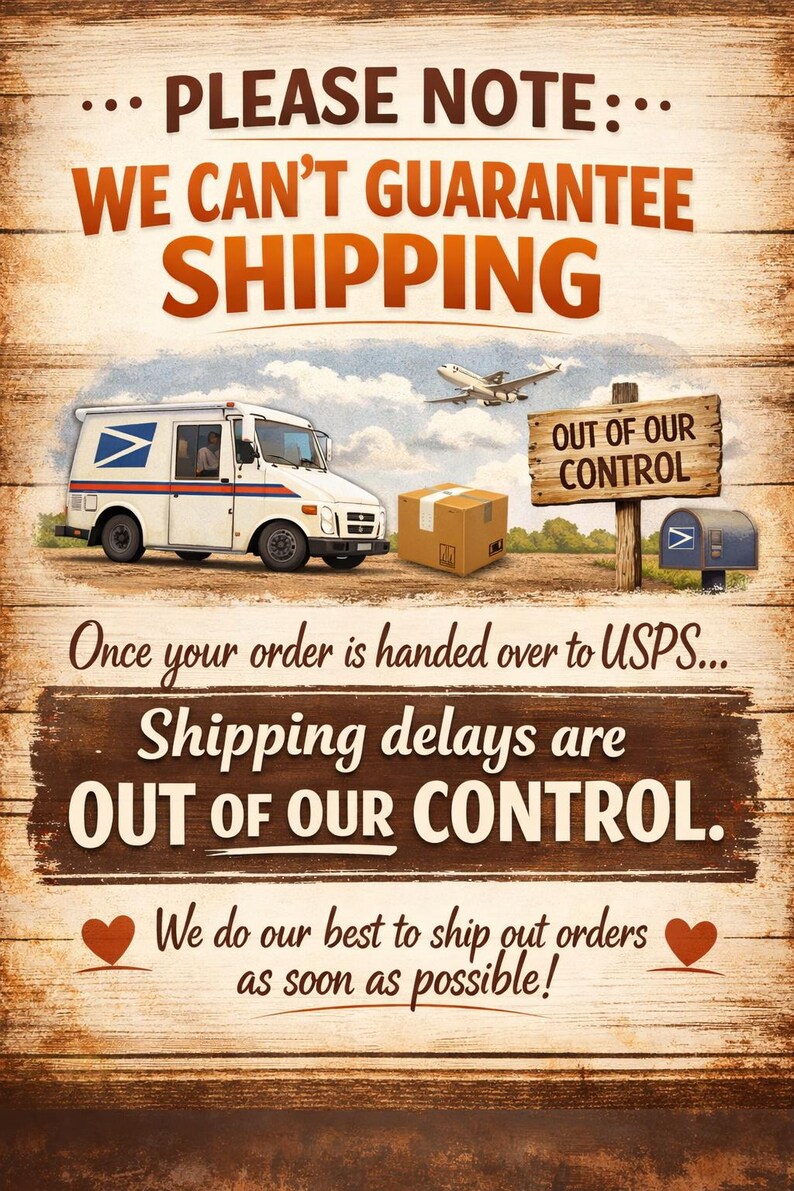 Pu&ograve; includere: Un cartello rettangolare con sfondo effetto legno che riporta il testo: PLEASE NOTE: WE CAN'T GUARANTEE SHIPPING. OUT OF OUR CONTROL. Once your order is handed over to USPS... Shipping delays are OUT OF OUR CONTROL. We do our best to ship out orders as soon as possible! Include illustrazioni di un furgone postale bianco, un pacco di cartone, un aereo e una cassetta delle lettere.