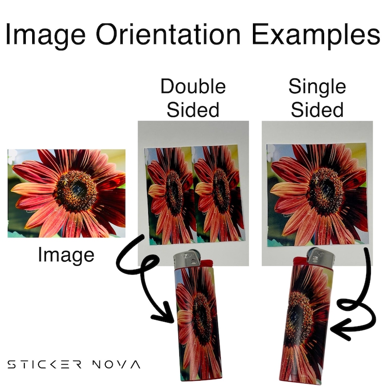 May include: Image orientation examples with a red sunflower design. The image shows a single sunflower image, a double-sided image, and a single-sided image. A lighter with the same sunflower design is also shown.