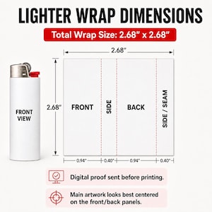 Pu&ograve; includere: Un accendino bianco e un modello rettangolare etichettato LIGHTER WRAP DIMENSIONS. Il modello mostra una dimensione totale di 6,81 cm per 6,81 cm, divisa in sezioni etichettate FRONT, SIDE, BACK e SIDE/SEAM con specifiche misure metriche.