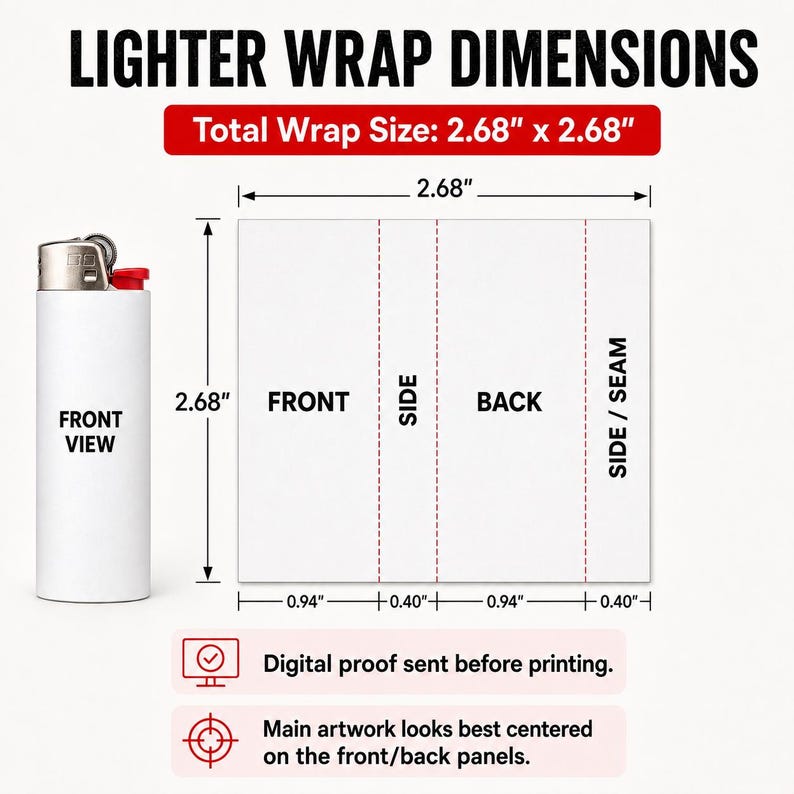Pu&ograve; includere: Un accendino bianco e un modello rettangolare etichettato LIGHTER WRAP DIMENSIONS. Il modello mostra una dimensione totale di 6,81 cm per 6,81 cm, divisa in sezioni etichettate FRONT, SIDE, BACK e SIDE/SEAM con specifiche misure metriche.