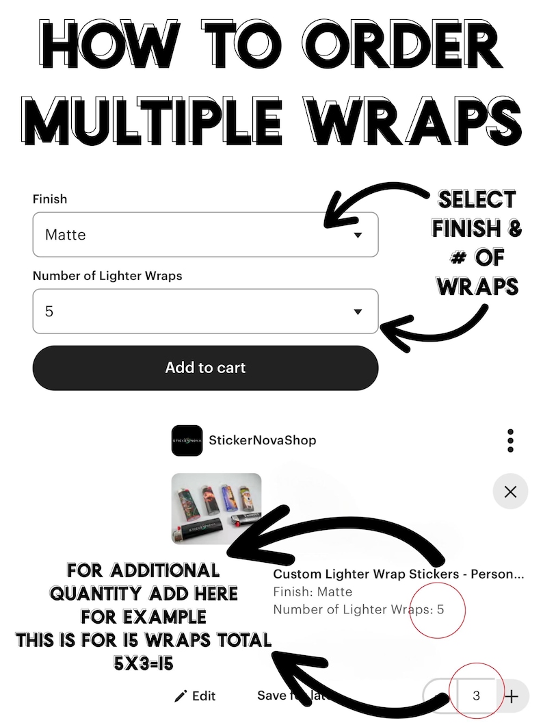 May include: Screenshot of an Etsy listing showing how to order multiple lighter wraps. The image displays a dropdown menu to select the finish and number of wraps, with the text "HOW TO ORDER MULTIPLE WRAPS" at the top.