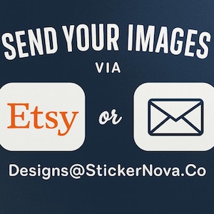 Pu&ograve; includere: Una grafica blu scuro con testo bianco che recita SEND YOUR IMAGES VIA, seguita dal logo Etsy e da un'icona a forma di busta con la parola or nel mezzo, e l'indirizzo email Designs@StickerNova.Co stampato in bianco in basso.