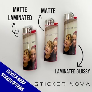 May include: Three lighters with custom photo wraps. The lighters have a silver top and red accents. The text "MATTE LAMINATED", "MATTE", and "LAMINATED GLOSSY" are displayed. The brand name "STICKER NOVA" is also visible.