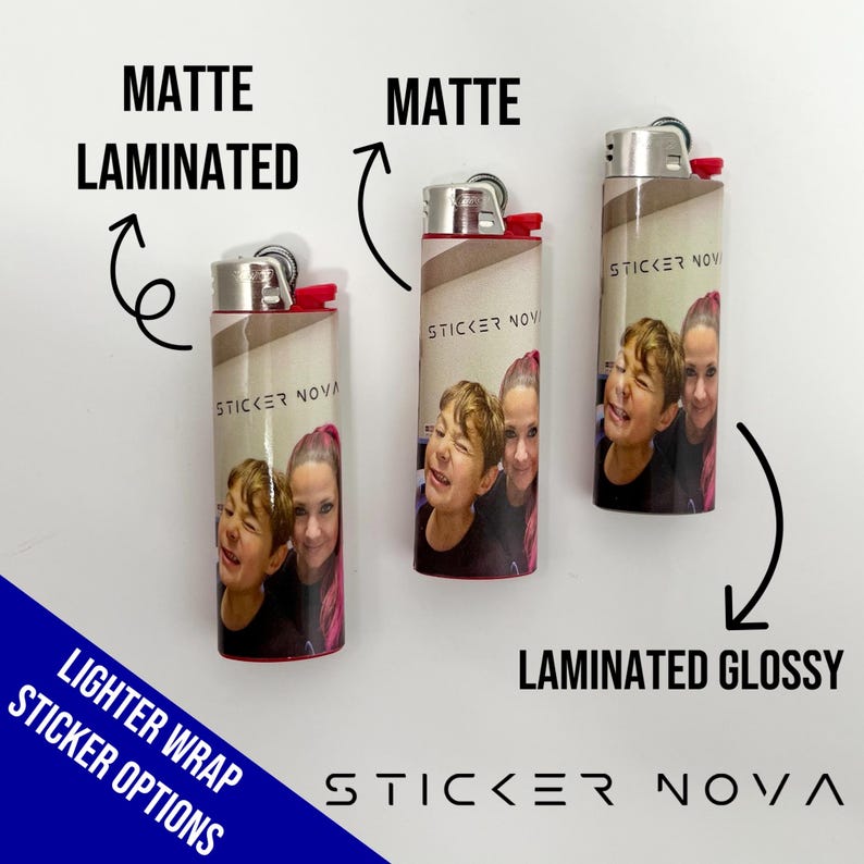 May include: Three lighters with custom photo wraps. The lighters have a silver top and red accents. The text "MATTE LAMINATED", "MATTE", and "LAMINATED GLOSSY" are displayed. The brand name "STICKER NOVA" is also visible.