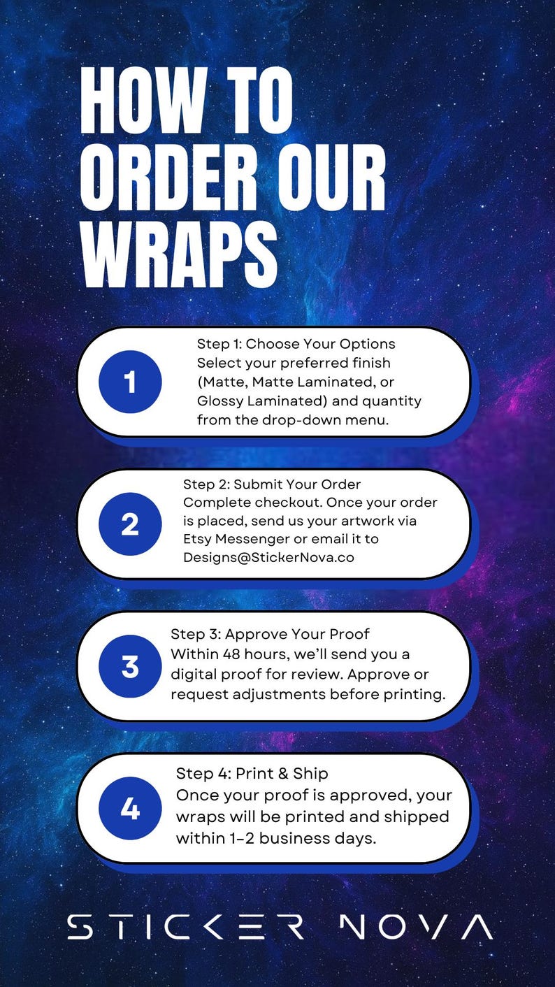 May include: A graphic with the text "HOW TO ORDER OUR WRAPS" in white on a blue and purple background. Steps 1-4 detail the ordering process, including choosing options, submitting artwork, approving proofs, and printing.