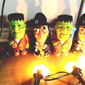 4 vintage blowmold 2001 yard pathway  Dynagood   halloween figures 2 witchs and 2 frankenstein