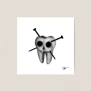 May include: A black and white illustration of a tooth with two nails piercing through it.