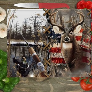 Hunting vs Fishing Cutting Board, Gift for Fisherman, Hunting Cabin Gift, Tempered Glass Cutting Board, Sportsman Gift, Fish Cleaning Board