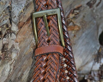 Vintage Braided Men's Mahogany Brown Faux Leather Belt Woven Belt