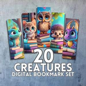 20 Creatures Printable Bookmarks | 20 Cute Cartoon Bookmark Sheets | PDF PNG instant download | Printable Art Bookmark Set