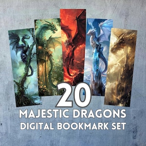 May include: Set of 20 digital bookmarks featuring colorful illustrations of dragons in various poses and settings. The bookmarks are perfect for book lovers and fantasy enthusiasts.
