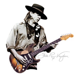 May include: Sepia-toned image of a musician playing a Fender Stratocaster guitar. The guitar has a worn, distressed finish. The musician wears a black hat and a scarf with musical notes. The signature "Stevie Ray Vaughan" is visible.