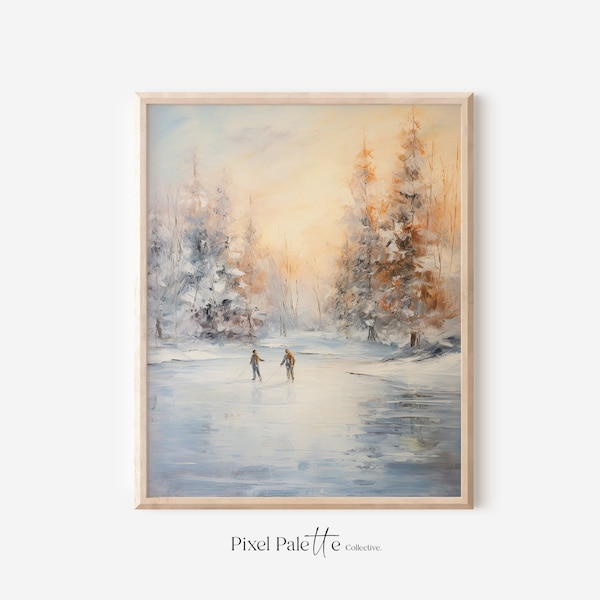 Ice Skate Printable, Digital Download, Frozen River Print, Antique Oil Painting, Snowy Winter Print, Christmas Printable, Farmhouse Print