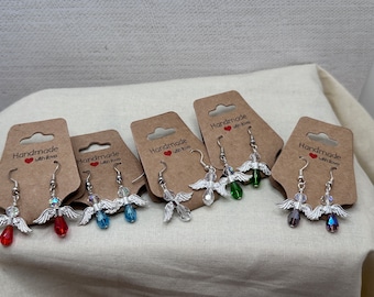 Earrings,Angel earrings, silver wings and crystal beads, red, green, blue, clear, smoky purple crystal angels, handmade earrings