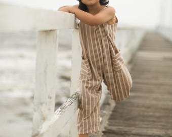 Kids Cotton Striped Overalls: Unisex Jumpsuit with Pockets