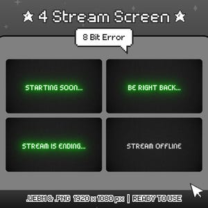 May include: A digital graphic for a streaming screen, with a grey background and four black rectangles displaying green text. The text reads "STARTING SOON...", "BE RIGHT BACK...", "STREAM IS ENDING...", and "STREAM OFFLINE". The top reads "4 Stream Screen".
