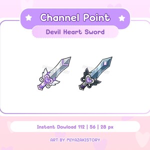 Könnte beinhalten: Digitale Illustration von zwei "Devil Heart Swords" mit herzförmigen Griffen und dekorativen Flügeln. Die Schwerter sind vor einem hellvioletten Hintergrund mit dem Text "Channel Point" und "Devil Heart Sword" platziert. Das Bild enthält auch den Text "Instant Download 112 | 56 | 28 px" und "ART BY MIYAZAKISTORY".