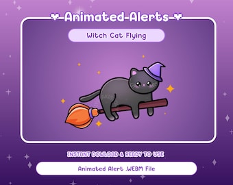 Puede incluir: Alerta animada de un gato negro con un sombrero de bruja morado y montando una escoba con cerdas naranjas. El gato tiene una expresión linda y está volando sobre un fondo morado con estrellas.