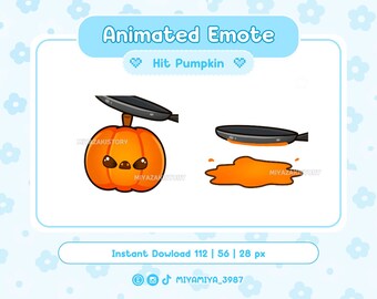 May include: An animated emote featuring a cartoon pumpkin being hit by a frying pan. The pumpkin is orange with a cute face. The text "Animated Emote" and "Hit Pumpkin" are displayed.