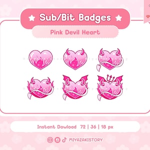 Op de afbeelding: Set van zes roze duivels-hart badges in verschillende maten. De badges hebben een roze hart met vlammen en duivels hoorns. De tekst "Sub/Bit Badges" en "Pink Devil Heart" staat bovenaan de afbeelding. De tekst "Instant Download 72|36|18 px" staat onderaan de afbeelding.