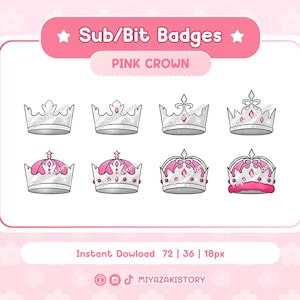 May include: Set of six pink and silver crown badges in different sizes. The badges are designed for use on social media platforms like Twitch and YouTube.