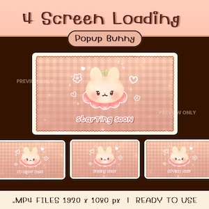 以下が含まれることがあります： ウサギのデザインと「Starting Soon」と「Popup Bunny」のテキストが入ったデジタルアート。画像はピンクと茶色の配色で、小さなウサギのグラフィックも含まれています。画像には「.MP4 FILES 1920 x 1080 px I READY TO USE」というテキストも含まれています。