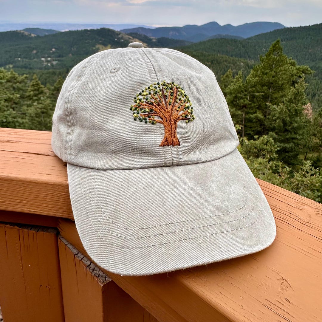 Cap Design Tree Hand Embroidered Baseball Cap – Leafy Tree Design | Light Grey Dad Hat ...