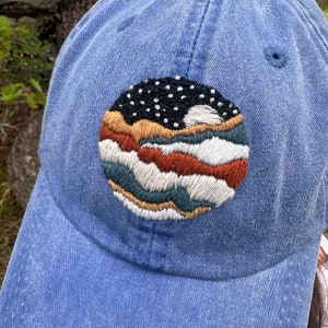 Hand Embroidered Starry Night & Mountain Hat – Camping, Hiking, and Nature Lover Gift